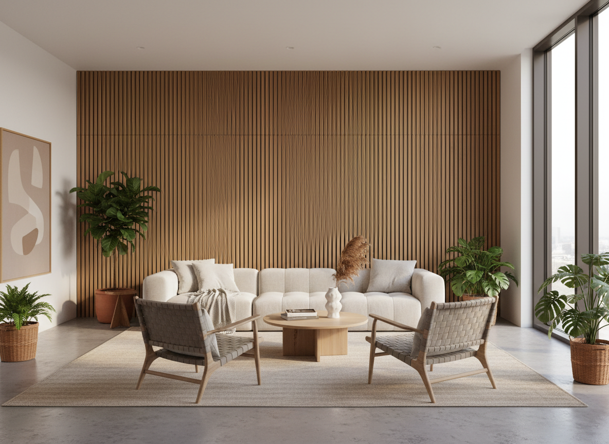 Modern living room with acoustic wall panels by PanelHaus Interiors